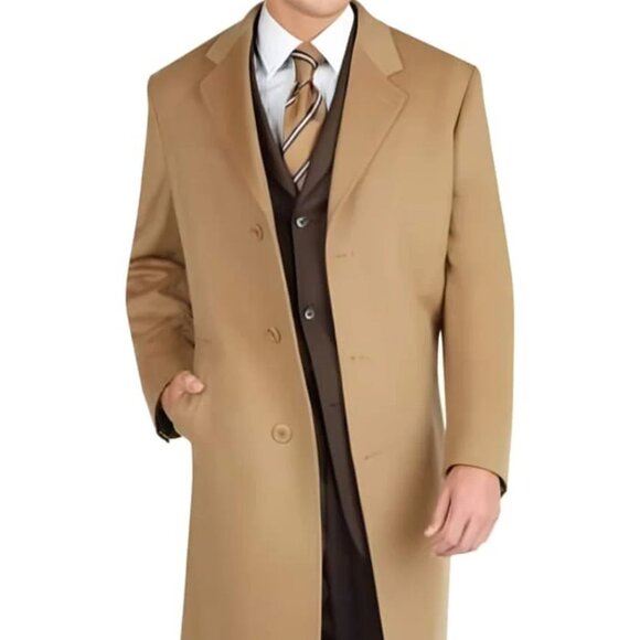 Men's Dress Coat Long Wool Winter Dress Knee Length Coat Camel ~ Khaki Wool and